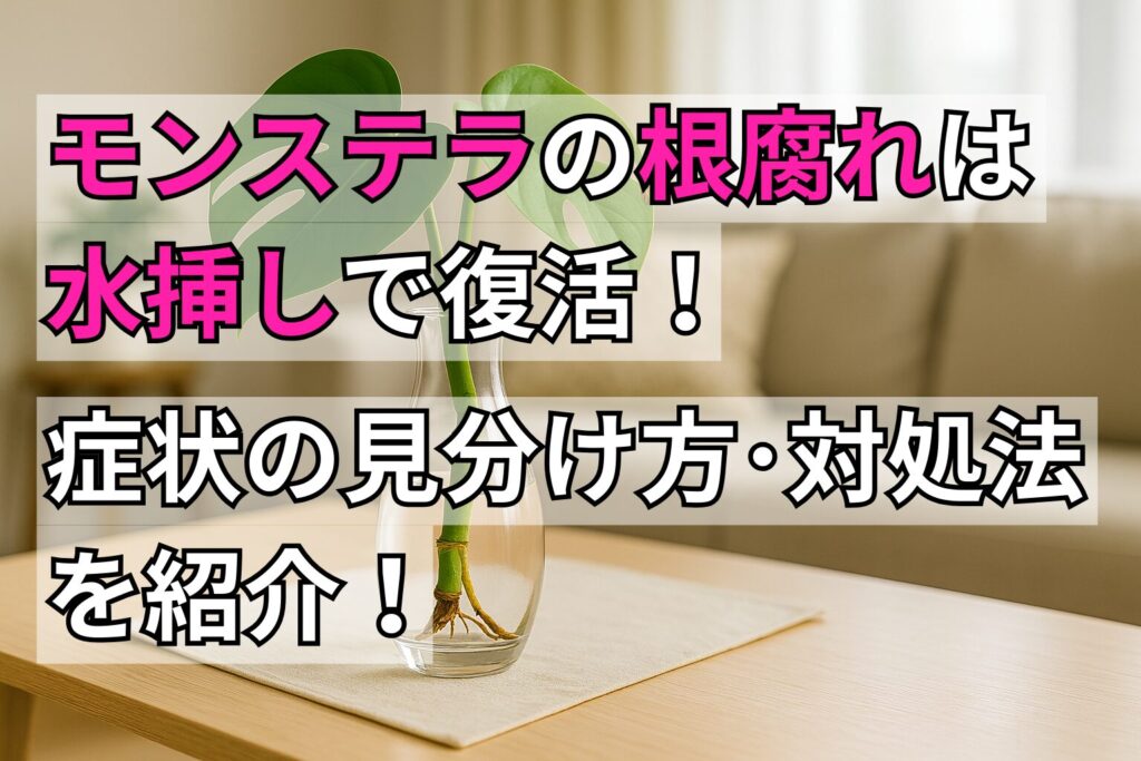 ブログ記事のアイキャッチ画像（タイトル名「モンステラの根腐れは水挿しで復活！症状の見分け方や対処法を紹介！」）テーブルの上に透明な花瓶が置かれており、その中に水挿しされたモンステラが入っている。