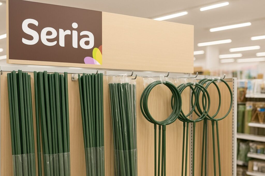 見出し画像「セリアでも支柱は買える！違いを比較」。セリアの店内で棒状支柱とリング型支柱が並べられている。