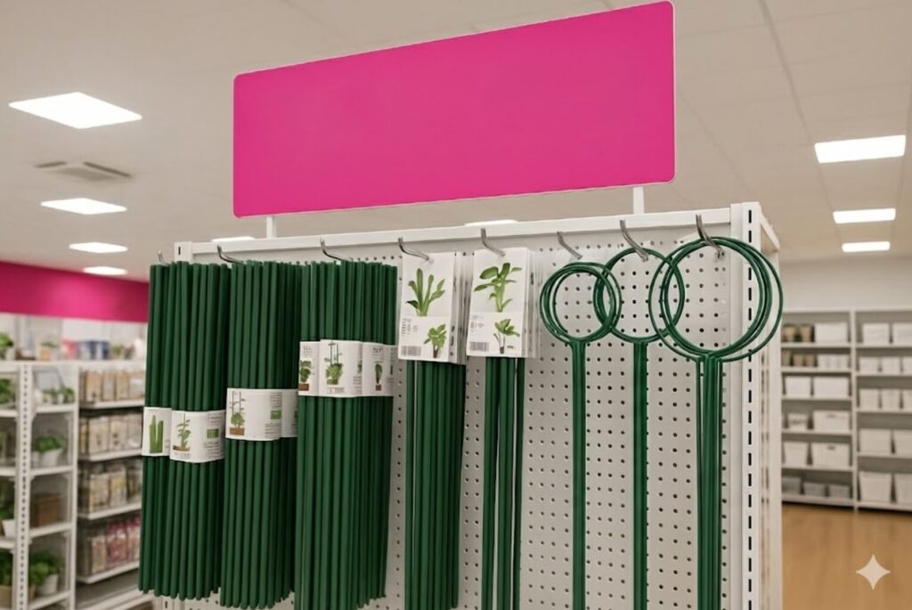 見出し画像「ダイソーで買えるおすすめ支柱」。ダイソーの店舗に棒状支柱やリング型支柱が並べられている。