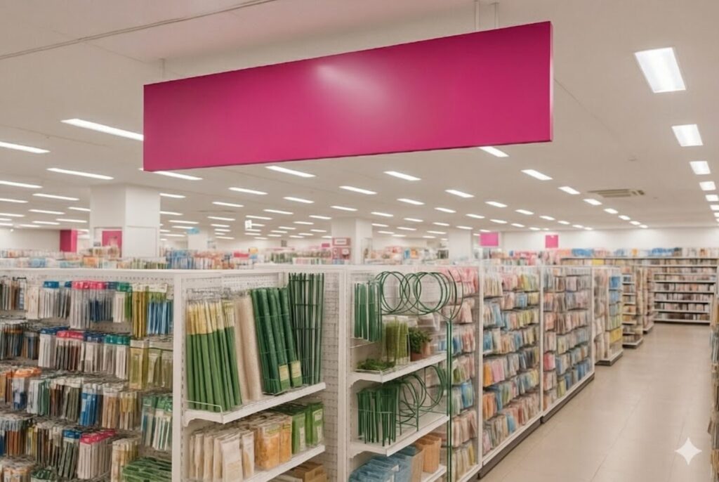 見出し「モンステラの支柱はダイソーに売ってる？基本情報」。ダイソーの店内の商品が陳列されている風景。