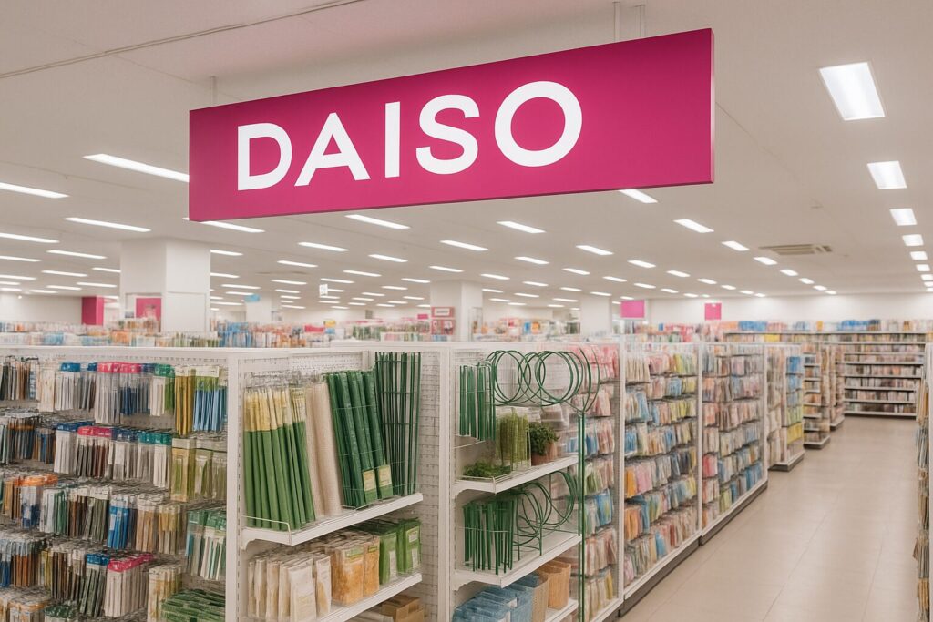 見出し「モンステラの支柱はダイソーに売ってる？基本情報」。ダイソーの店内の商品が陳列されている風景。