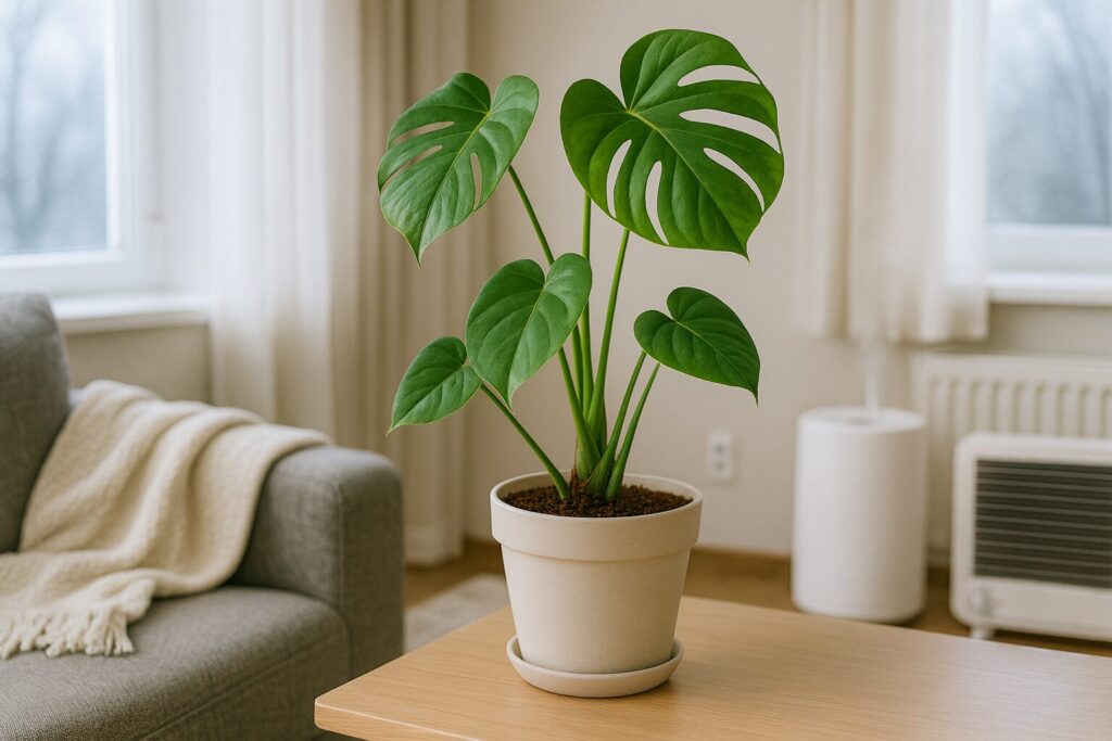 ブログ記事の見出し画像（見出し「冬に根腐れしても植え替えはできる！注意点を解説」）。冬のリビングの一角にモンステラが置かれている。