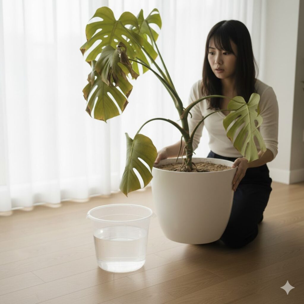 モンステラの株が全体的にうなだれる原因と対処法