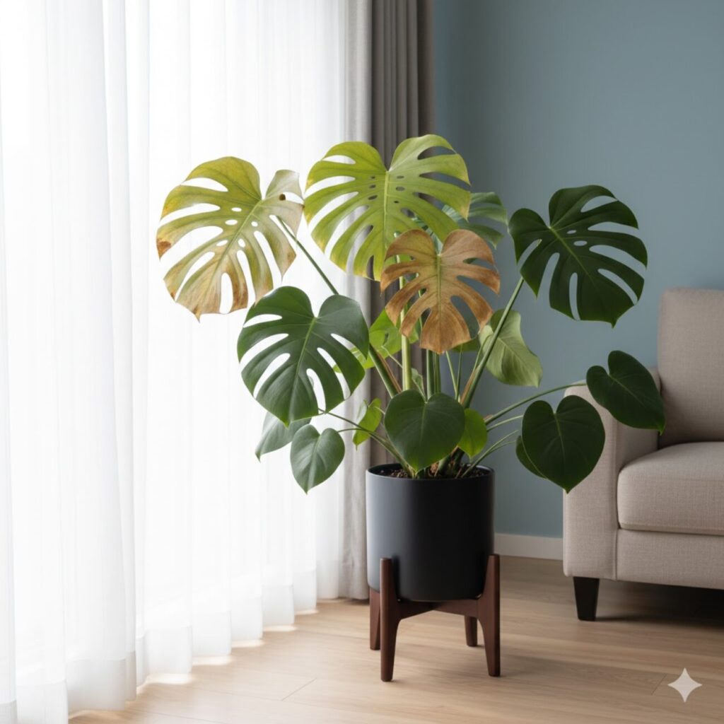 モンステラ 葉焼けによる茶色い斑点との違い