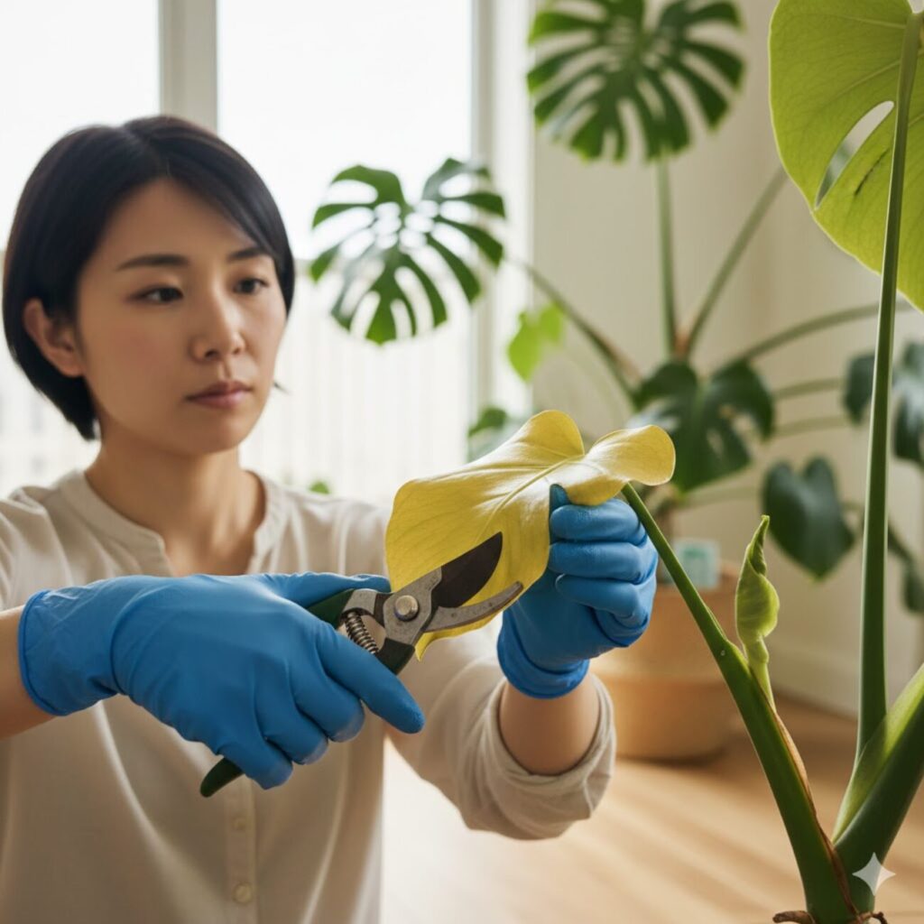 モンステラの枯れた葉はどこから切る？安全な切り方とどこから新芽が出るか