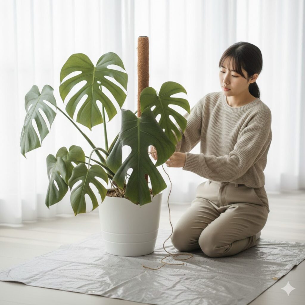 モンステラ　支柱の立て方と広がる株の固定