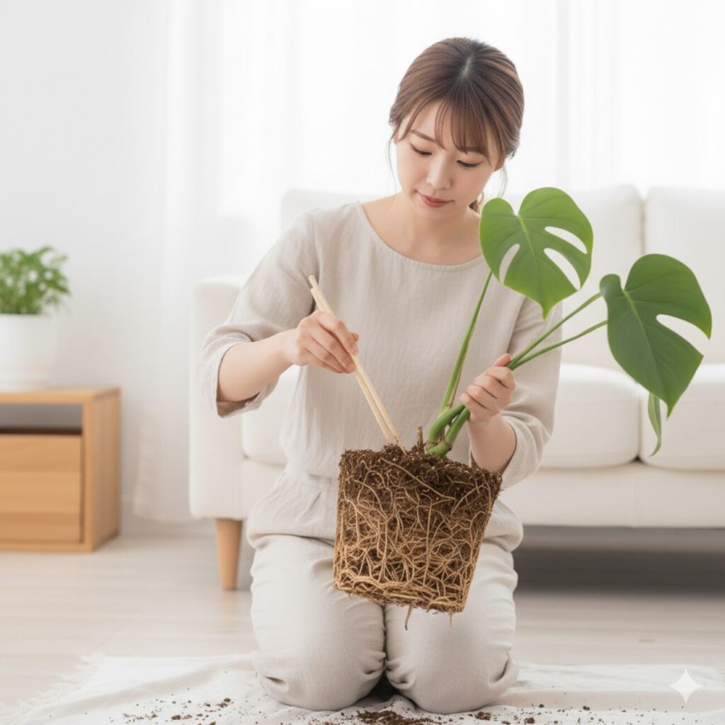 モンステラ　根鉢のほぐし方と古い根の処理