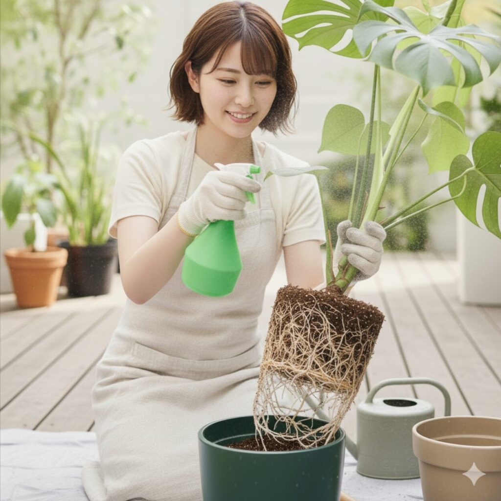 モンステラ　植え替え後の水やり頻度と葉水の重要性