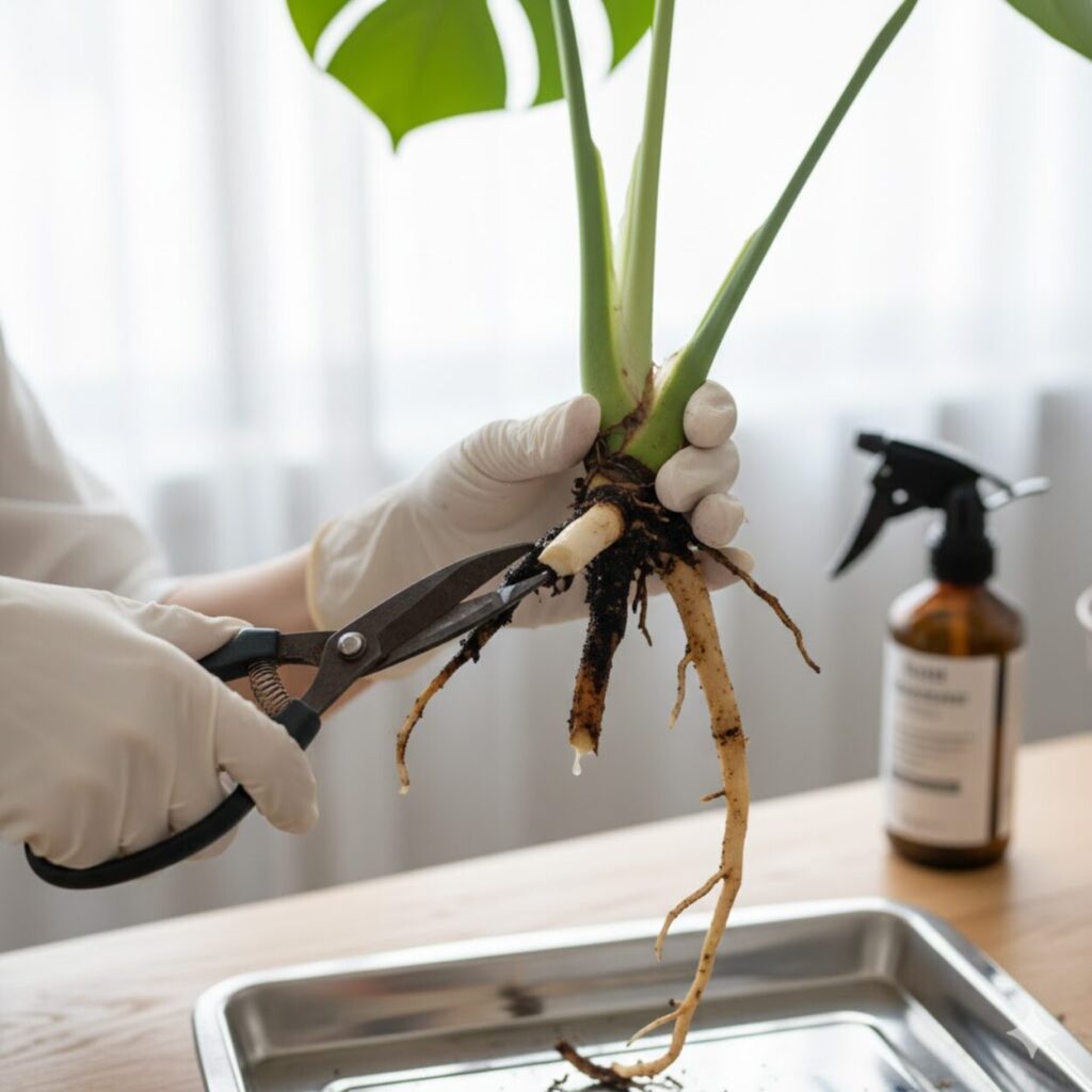 モンステラ　腐った根を切る外科的処置の手順