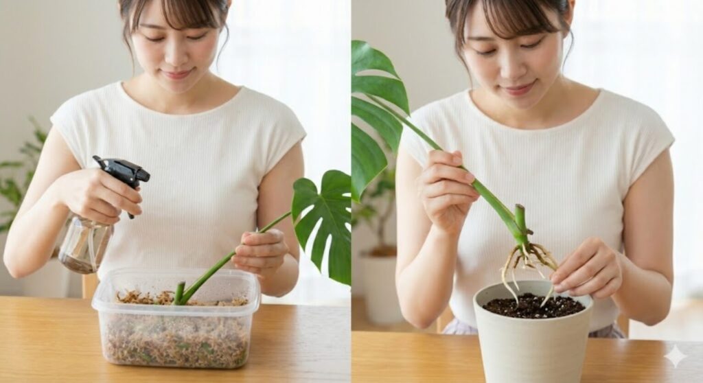 水苔で行うモンステラの茎伏せ後の管理と植え替え