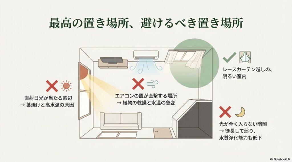直射日光やエアコンの風を避け、レースカーテン越しの明るい場所に設置するための置き場所ガイド。