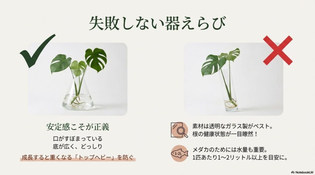 トップヘビーになりがちなモンステラを安定させる、口がすぼまり底が広い花瓶の形状選びのポイント。