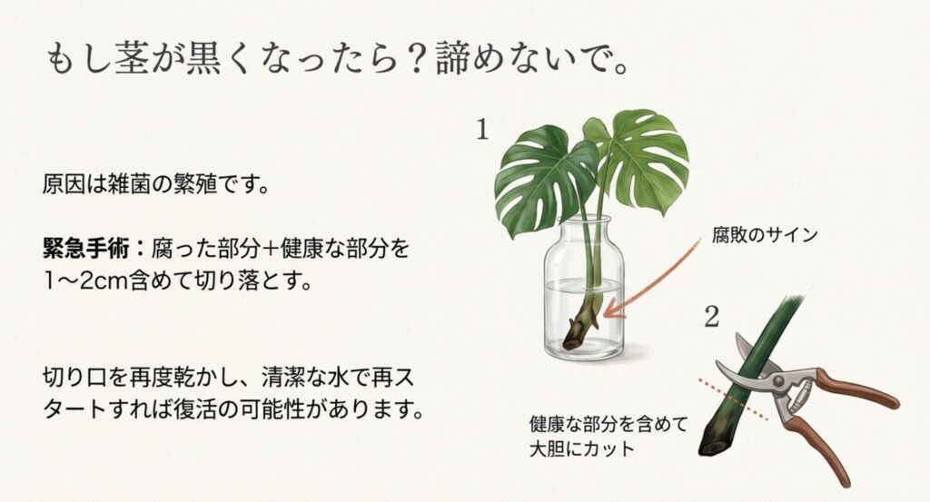 茎が黒く変色したモンステラのイラストと、腐った部分を切り落とす「緊急手術」の手順図解。