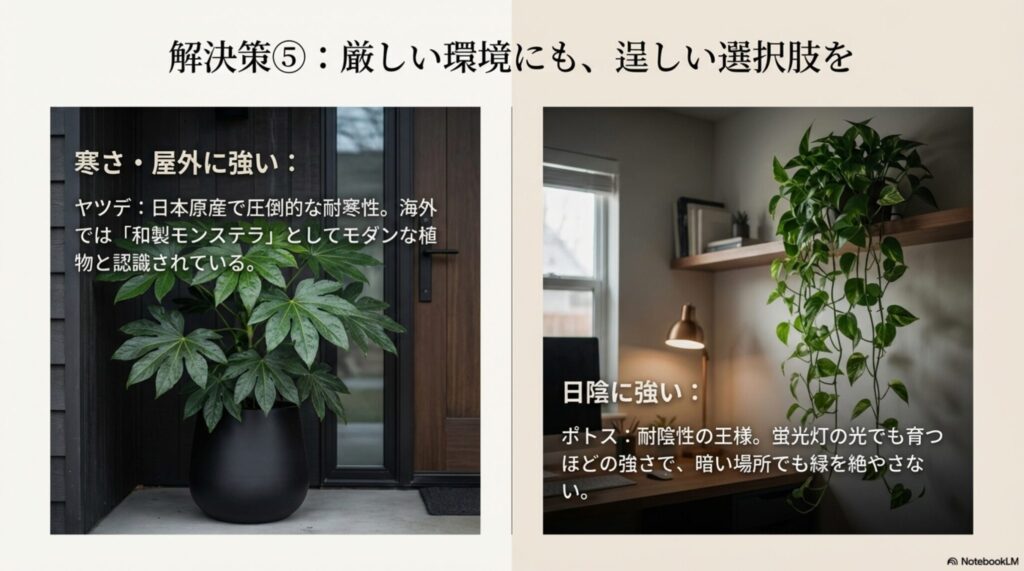 寒さに強いヤツデと日陰に強いポトスの紹介。環境を選ばない丈夫な観葉植物