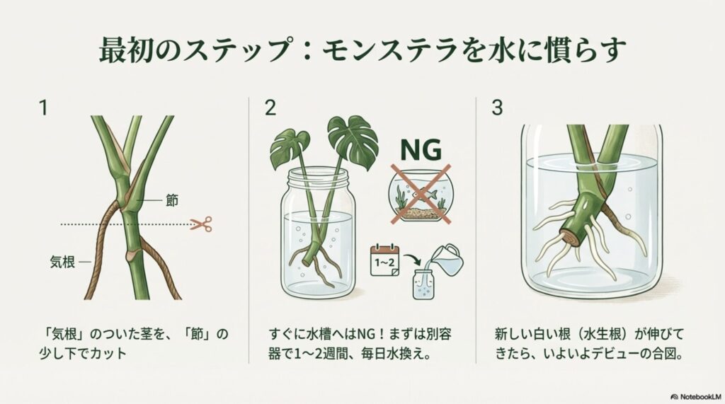 モンステラを水耕栽培する際の正しい茎の切り方。気根を含めて節の下でカットする図解とNG例。