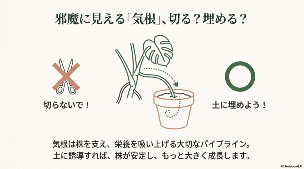 伸びた気根を切らずに鉢の土へ誘導して埋めることで、株が安定し栄養吸収が良くなることを示したイラスト。