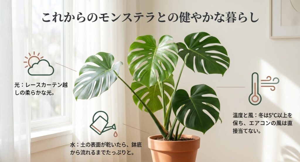 モンステラの健康な生育に必要なレースカーテン越しの光、適切な水やり、冬の温度管理のポイント図解
