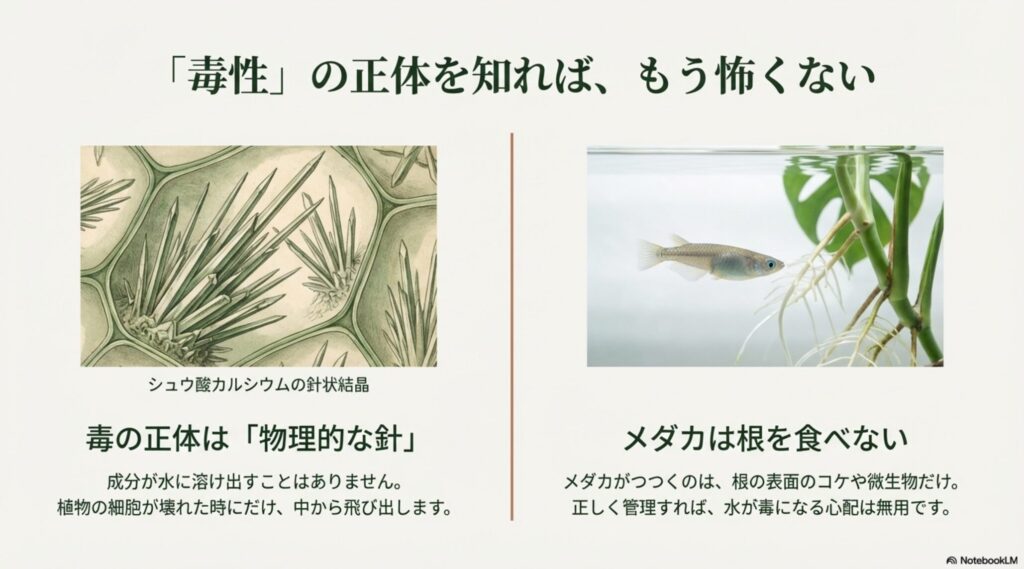 モンステラの細胞内に含まれるシュウ酸カルシウムの針状結晶の拡大図。成分が溶け出すのではなく物理的な刺激であることを解説。