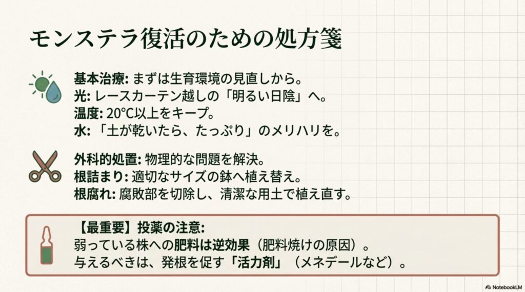 モンステラの光・温度・水やりの基本管理と外科的処置のまとめ一覧