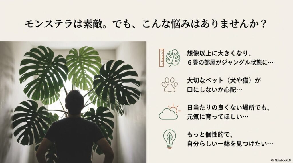 モンステラが大きすぎる、ペットの誤食、日当たり不足など、観葉植物のよくある悩み一覧