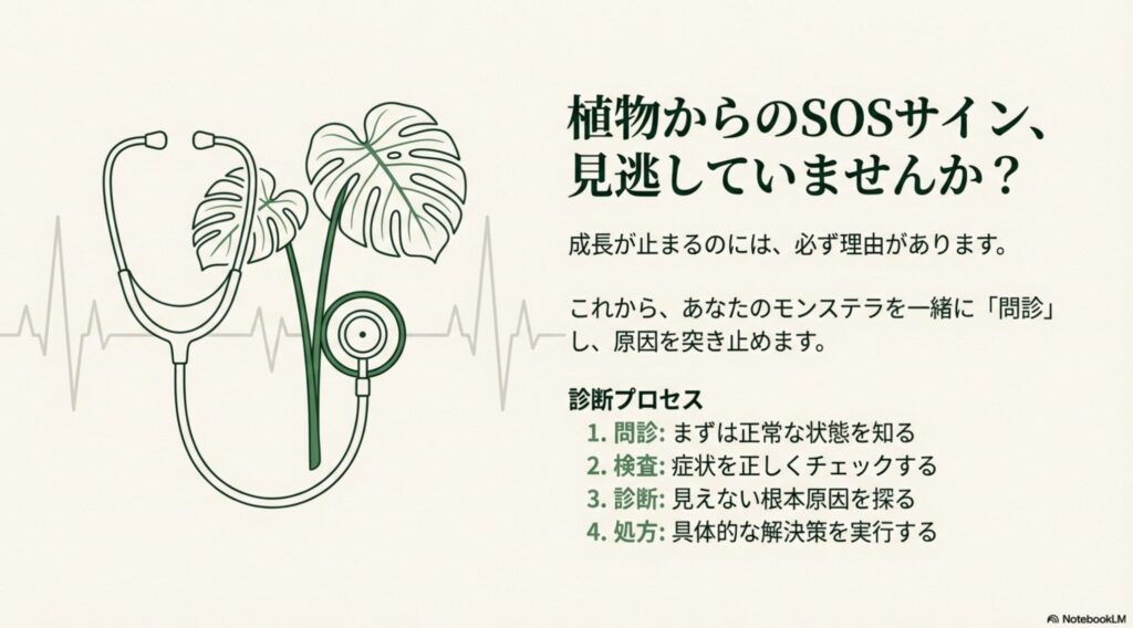 植物の不調を見極める問診・検査・診断・処方の4ステップ解説図