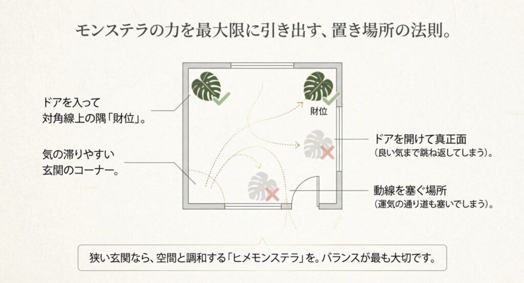 玄関ドアの対角線上にある財位や気の滞るコーナーへの配置を推奨し、ドア正面などのNG配置を図解した間取り図。