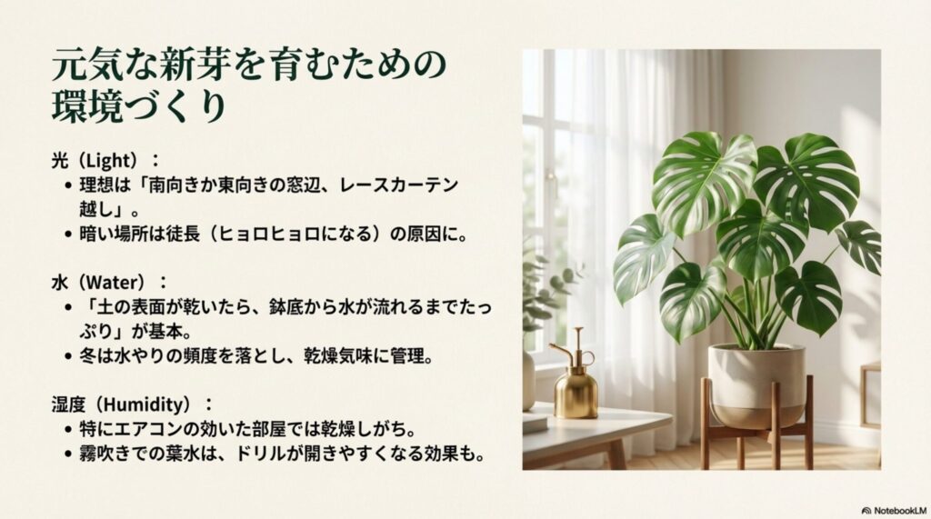 モンステラの新芽に適した光・水・湿度の環境条件まとめ