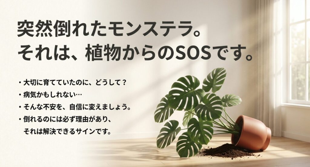 倒れたモンステラのイラストとSOSのサイン