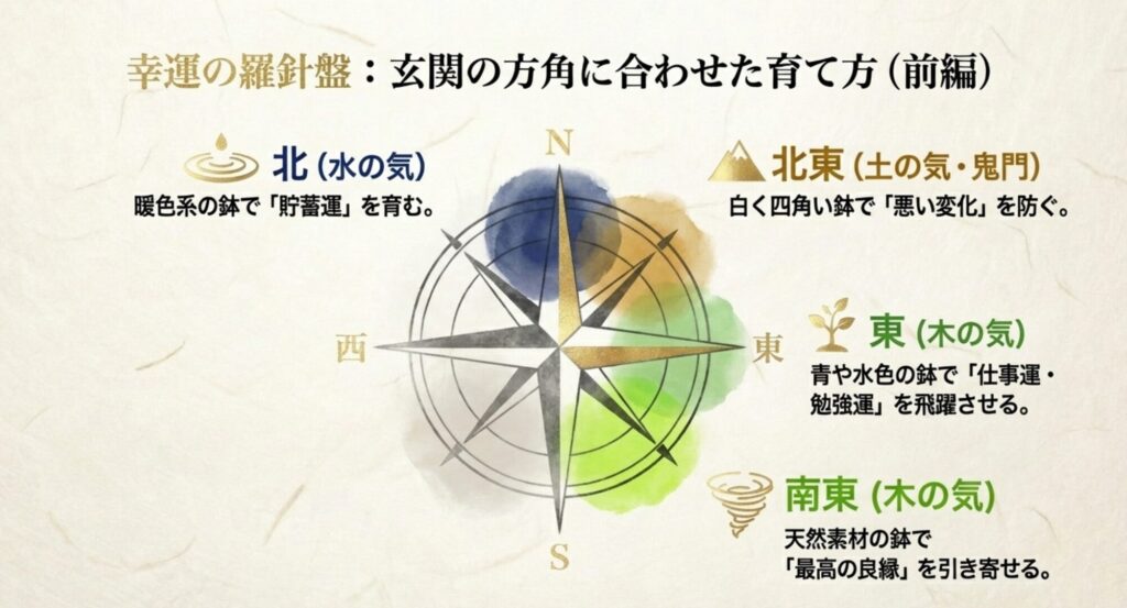北・北東・東・南東の玄関におけるモンステラの風水効果と、運気を上げるおすすめの鉢の色（白や青など）をまとめた羅針盤の図。