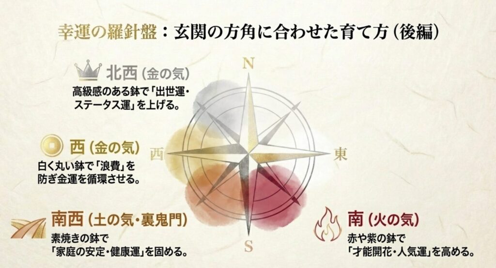 南・南西・西・北西の玄関におけるモンステラの風水効果と、才能開花や金運安定に効く鉢の素材や色を解説した羅針盤の図。
