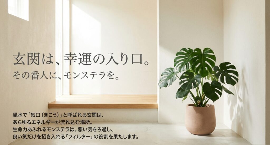 玄関は風水で気口と呼ばれるエネルギーの入り口であり、モンステラが良い気を招くフィルター役になることを示すスライド。