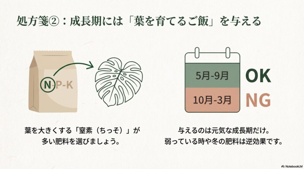 葉を大きくするには窒素（N）が多い肥料を選ぶべきことと、成長期（5-9月）のみ与えることを説明したイラスト。