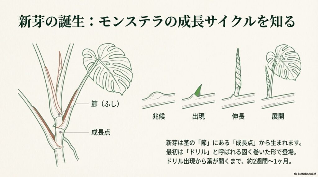 モンステラの節と成長点の位置を示す図解イラスト