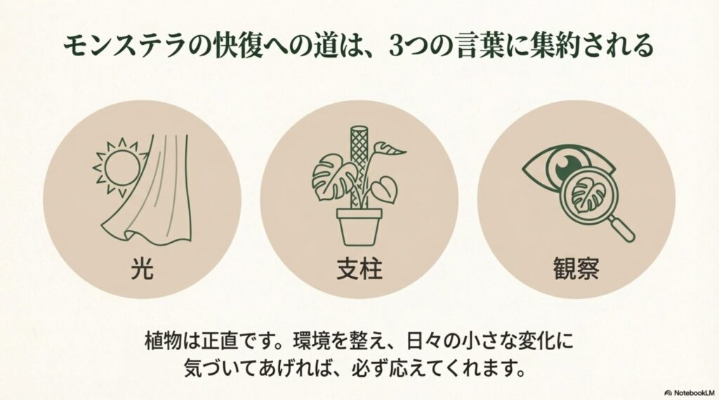 モンステラを元気に育てるための3つの要素「光・支柱・観察」をアイコンで示したまとめスライド。