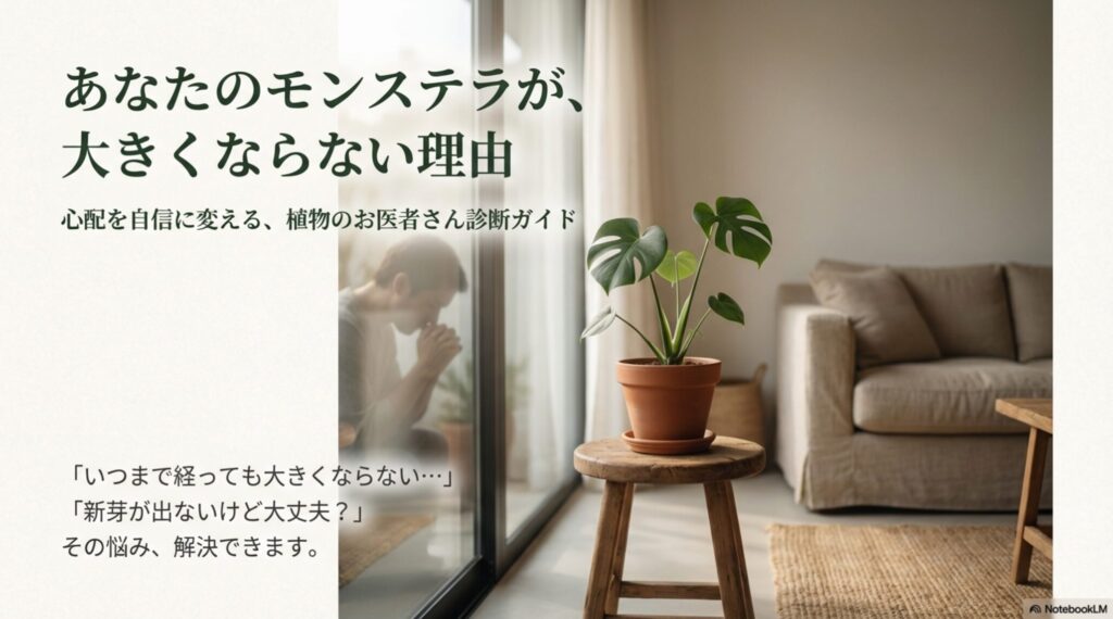 モンステラが大きくならない、新芽が出ない悩みを解決する「植物のお医者さん診断ガイド」の表紙イメージ。