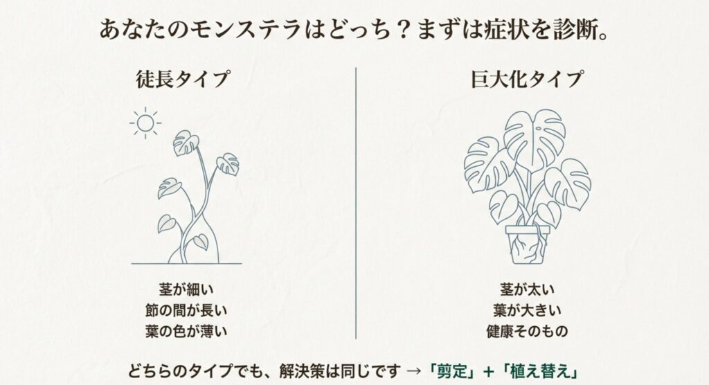モンステラが伸びすぎる2つの原因、徒長タイプと巨大化タイプの違いを比較したイラスト。