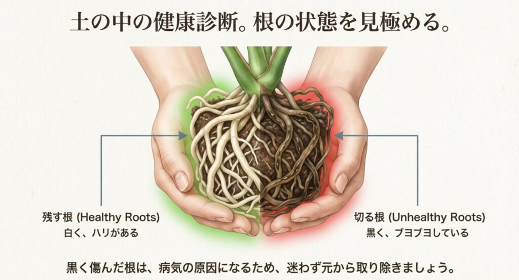 モンステラの白くハリのある健康な根と、黒くブヨブヨした腐った根を比較したイラスト。