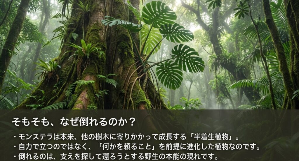 木に寄りかかって育つ野生のモンステラの図解