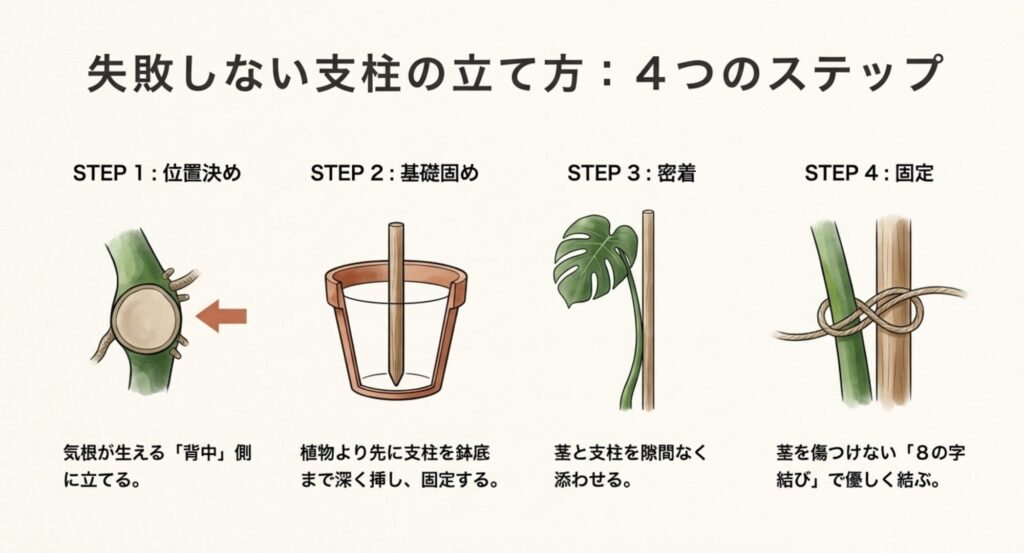 モンステラの支柱を立てる位置と8の字結びの図解