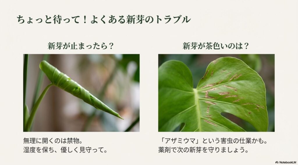 新芽が茶色く変色したり傷ついている様子と、原因となる害虫アザミウマへの対策を説明したスライド。