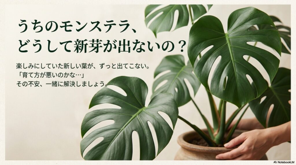 モンステラの新芽が出ない原因と対策についての解説スライド表紙