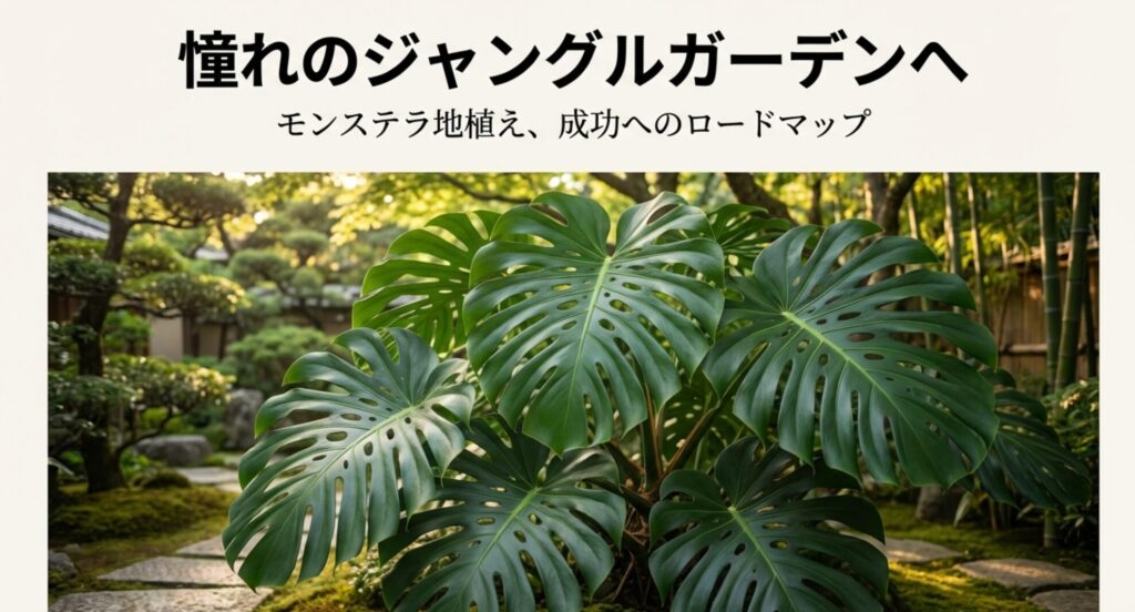 庭で巨大に育ったモンステラ・デリシオーサの美しい緑の葉と和風庭園の調和