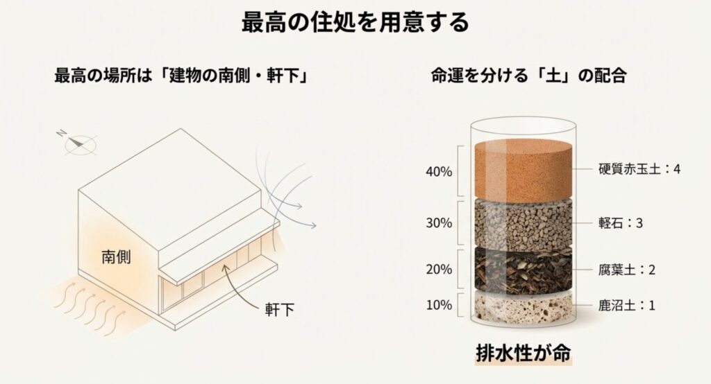 建物の南側・軒下の位置図と、硬質赤玉土4・軽石3・腐葉土2・鹿沼土1の土壌配合比率図