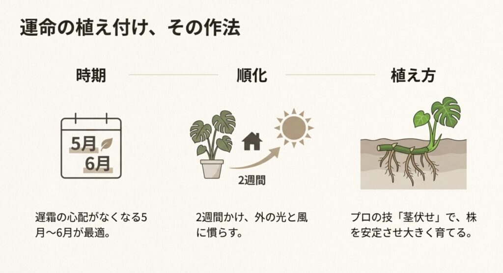 5月〜6月の植え付けカレンダー、2週間の順化期間、株を安定させる茎伏せの植え方イラスト