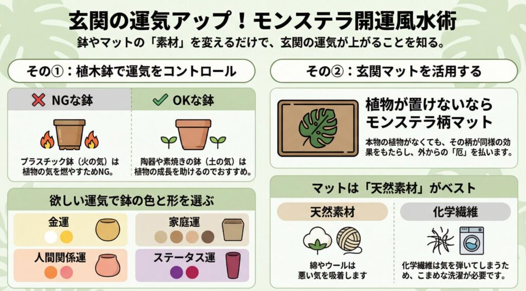 運気を上げるための陶器や素焼きの鉢の選び方と、植物が置けない場合に有効なモンステラ柄の天然素材玄関マットを紹介したスライド。