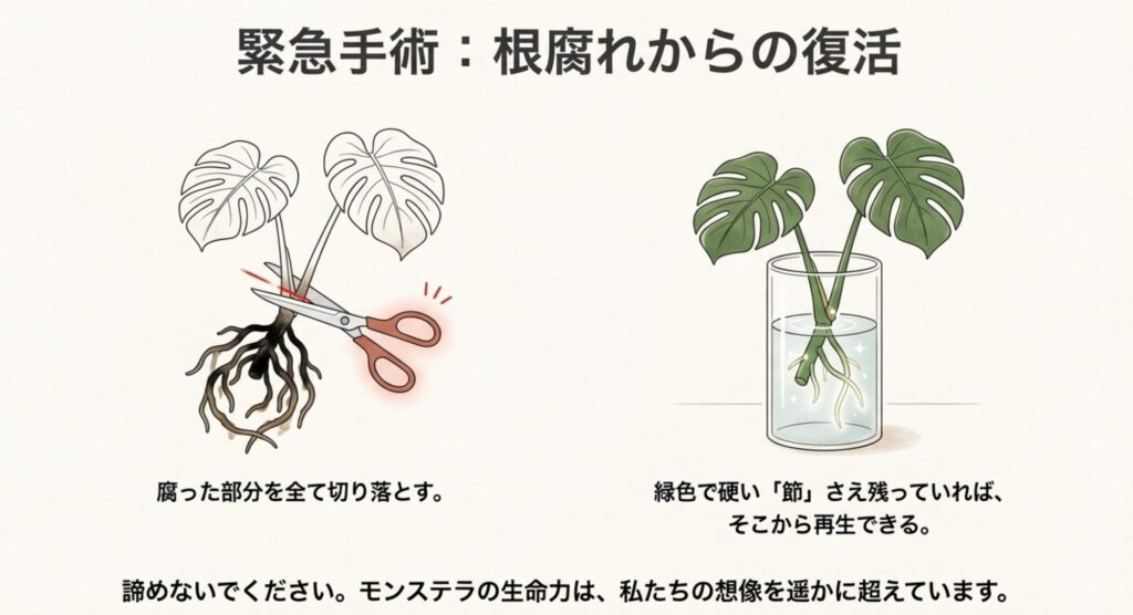 モンステラの腐った根の切除と水挿しによる再生方法