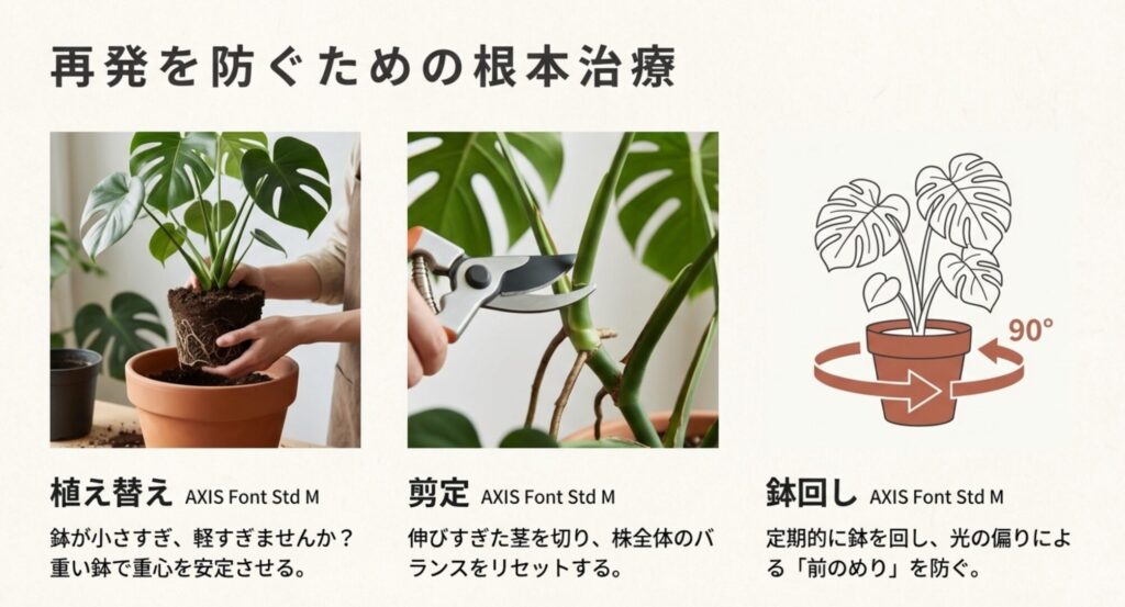 モンステラの植え替え、剪定、鉢回しのイラスト解説