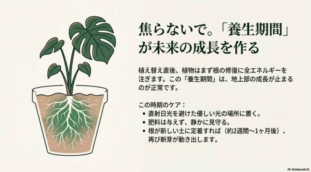 植え替え直後のモンステラが根を修復する養生期間のイラスト解説