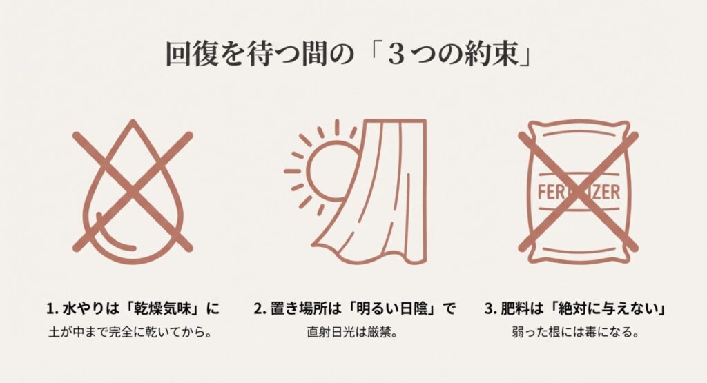 水やりは乾燥気味に、直射日光を避ける、肥料は与えないことを示すアイコン