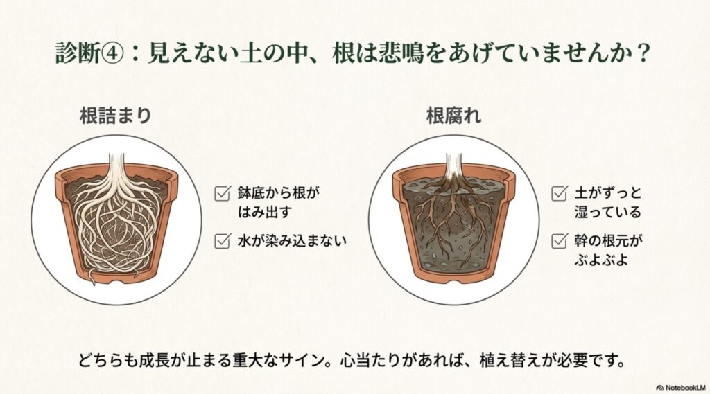 鉢の中で根が詰まっている「根詰まり」の状態と、根が黒く腐っている「根腐れ」の状態を比較した断面図イラスト。